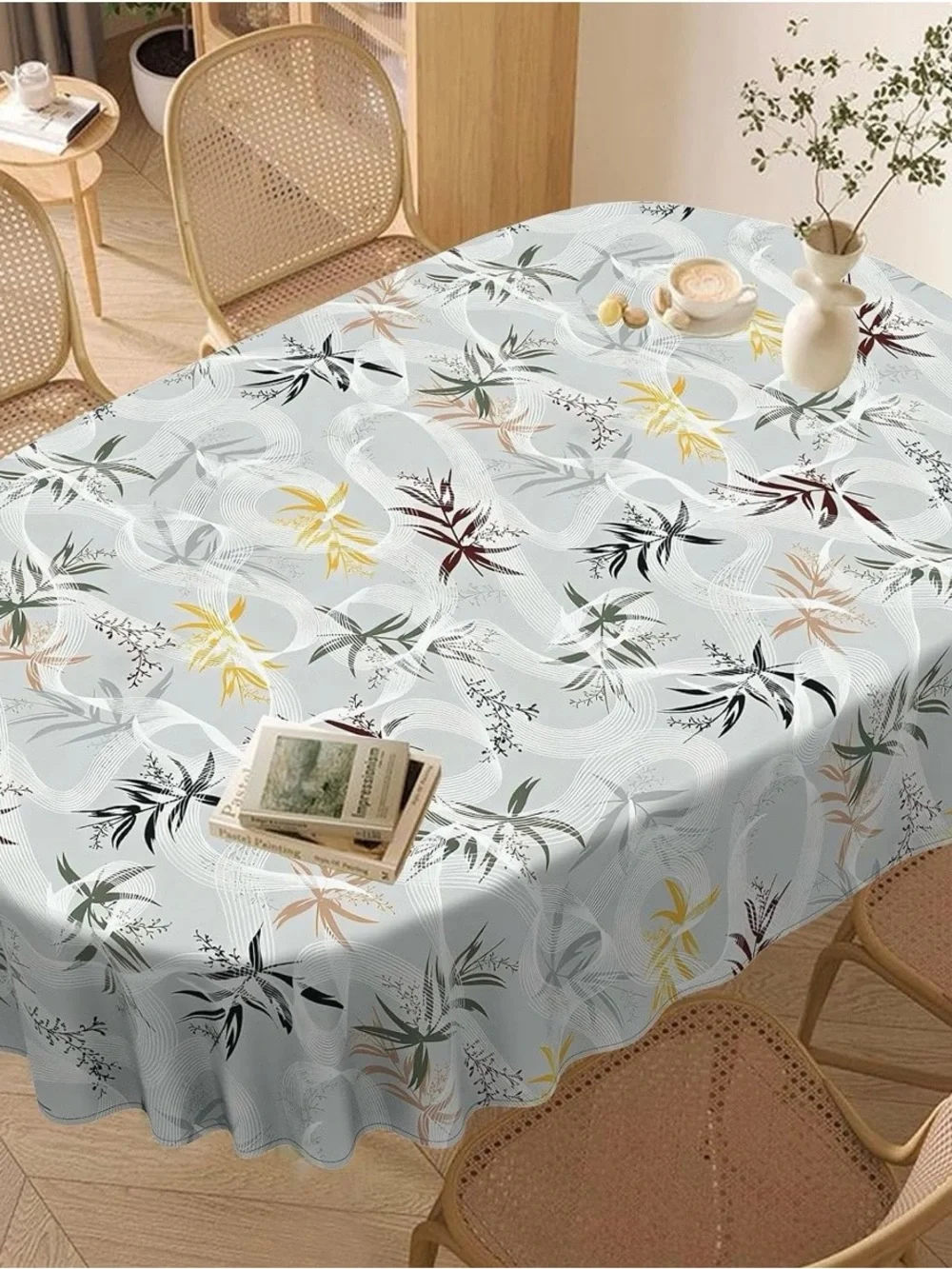 Floral Printed Vinyl Tablecloth - White with Multicolor Leaf Accents